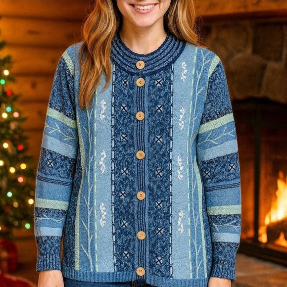 Norm Thompson Embroidered Cardigan Sweater Small Blue Button Up Winter Layering - Picture 2 of 16